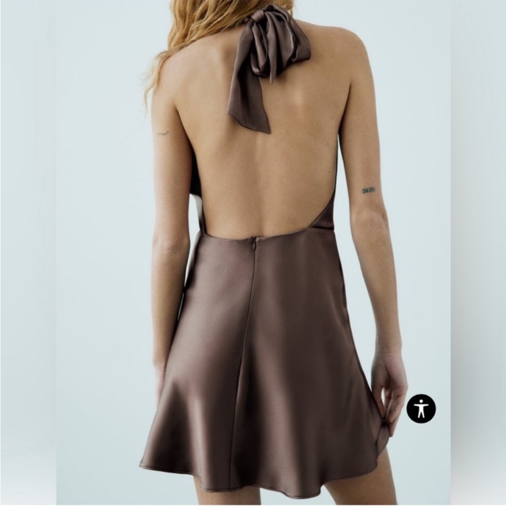 Zara Brown Satin Halter Backless Mini Dress